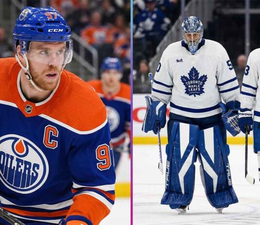 A split-panel image illustrating today's latest NHL news, featuring Connor McDavid of the Edmonton Oilers on the left and dejected Toronto Maple Leafs players walking off the ice on the right.