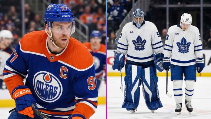 nhl-news-april-9-2026 A split-panel image illustrating today's latest NHL news, featuring Connor McDavid of the Edmonton Oilers on the left and dejected Toronto Maple Leafs players walking off the ice on the right.