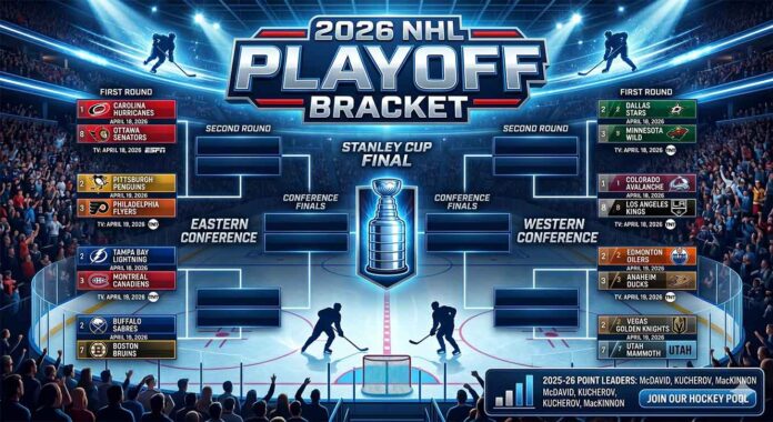 A detailed visual representation of the complete 2026 NHL Playoff Bracket, showing first-round matchups for the Eastern and Western Conferences, including specific teams like the Hurricanes, Oilers, and Avalanche.