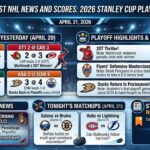 Detailed infographic displaying the latest NHL news and NHL scores for the 2026 Stanley Cup Playoffs, featuring April 20 results, game highlights, breaking trade news, and upcoming matchups.