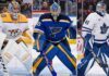 Edmonton Oilers Goalie Trade Rumors: Saros, Binnington, Stolarz Split image featuring NHL goalies Juuse Saros (Predators), Jordan Binnington (Blues), and Anthony Stolarz (Maple Leafs), highlighted as potential trade targets for the Edmonton Oilers.