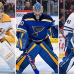 Split image featuring NHL goalies Juuse Saros (Predators), Jordan Binnington (Blues), and Anthony Stolarz (Maple Leafs), highlighted as potential trade targets for the Edmonton Oilers.