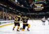David Pastrnak of the Boston Bruins celebrates scoring the overtime game-winning goal against the Buffalo Sabres during Game 5 of the NHL Stanley Cup Playoffs.