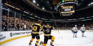 David Pastrnak of the Boston Bruins celebrates scoring the overtime game-winning goal against the Buffalo Sabres during Game 5 of the NHL Stanley Cup Playoffs.