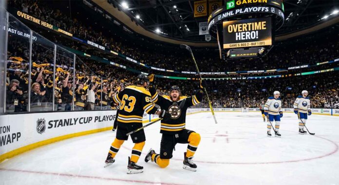 David Pastrnak of the Boston Bruins celebrates scoring the overtime game-winning goal against the Buffalo Sabres during Game 5 of the NHL Stanley Cup Playoffs.