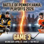 Official Game 3 promotional graphic for the 2026 NHL Playoffs Battle of Pennsylvania between the Pittsburgh Penguins and Philadelphia Flyers. The image features team logos, action shots of star players, city skylines, and the game details: Wednesday, April 22, 2026, at 7:00 PM EDT.