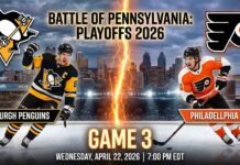 Official Game 3 promotional graphic for the 2026 NHL Playoffs Battle of Pennsylvania between the Pittsburgh Penguins and Philadelphia Flyers. The image features team logos, action shots of star players, city skylines, and the game details: Wednesday, April 22, 2026, at 7:00 PM EDT.