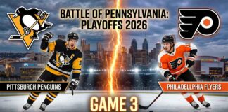 Official Game 3 promotional graphic for the 2026 NHL Playoffs Battle of Pennsylvania between the Pittsburgh Penguins and Philadelphia Flyers. The image features team logos, action shots of star players, city skylines, and the game details: Wednesday, April 22, 2026, at 7:00 PM EDT.