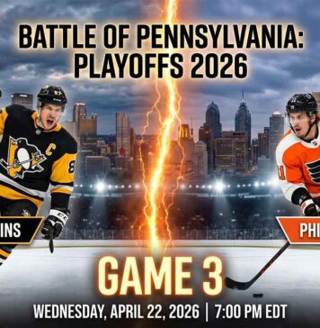 Official Game 3 promotional graphic for the 2026 NHL Playoffs Battle of Pennsylvania between the Pittsburgh Penguins and Philadelphia Flyers. The image features team logos, action shots of star players, city skylines, and the game details: Wednesday, April 22, 2026, at 7:00 PM EDT.
