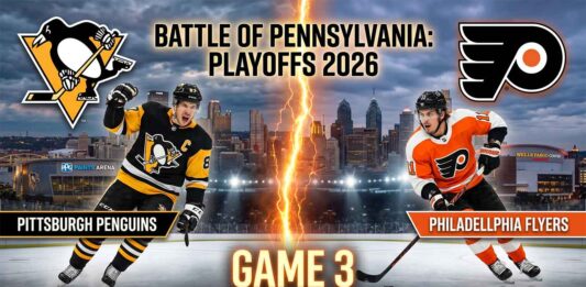 Official Game 3 promotional graphic for the 2026 NHL Playoffs Battle of Pennsylvania between the Pittsburgh Penguins and Philadelphia Flyers. The image features team logos, action shots of star players, city skylines, and the game details: Wednesday, April 22, 2026, at 7:00 PM EDT.