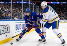 Mika Zibanejad and Tage Thompson battle for the puck at Madison Square Garden during the New York Rangers vs. Buffalo Sabres NHL game on April 8, 2026.