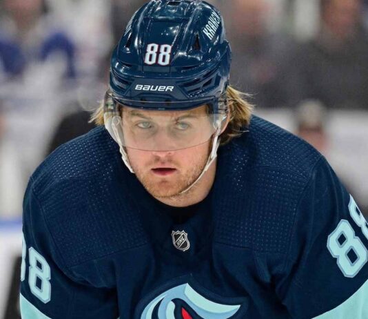A visualization of Toronto Maple Leafs star William Nylander wearing a Seattle Kraken jersey and helmet (number 88) amidst blockbuster NHL trade rumors.