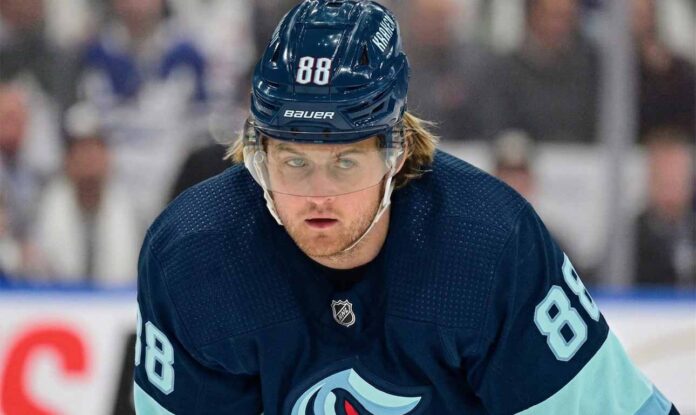 william-nylander-toronto-maple-leafs-seattle-kraken-trade-rumor A visualization of Toronto Maple Leafs star William Nylander wearing a Seattle Kraken jersey and helmet (number 88) amidst blockbuster NHL trade rumors.
