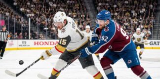 How to Watch Colorado Avalanche vs Vegas Golden Knights Game 3 on TV Today Jack Eichel (Vegas Golden Knights, #15) bats a puck out of the air while battling Gabriel Landeskog (Colorado Avalanche, #92) for possession during an intense sequence in the 2026 NHL Western Conference Final.