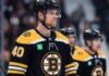Photo manipulation showing Vancouver Canucks center Elias Pettersson wearing a black Boston Bruins home jersey and helmet, visualizing a potential blockbuster trade scenario.