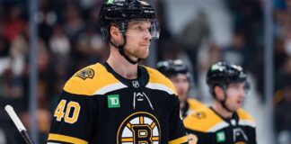 Boston Bruins Trade Rumors: Targeting Canucks’ Elias Pettersson Photo manipulation showing Vancouver Canucks center Elias Pettersson wearing a black Boston Bruins home jersey and helmet, visualizing a potential blockbuster trade scenario.