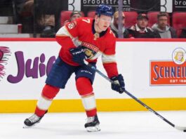 A photo visualization of Ottawa Senators captain Brady Tkachuk wearing a Florida Panthers home jersey and number 7, used in an article discussing NHL trade rumors linking the forward to Florida.