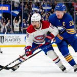 Buffalo Sabres and Montreal Canadiens Game 7 Score & Recap Montreal Canadiens Alex Newhook (18) and Buffalo Sabres Rasmus Dahlin (26) battle for a puck in Game 7.
