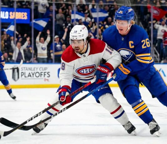 Buffalo Sabres and Montreal Canadiens Game 7 Score & Recap Montreal Canadiens Alex Newhook (18) and Buffalo Sabres Rasmus Dahlin (26) battle for a puck in Game 7.