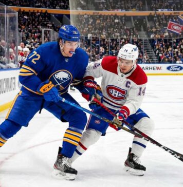What Channel is the Montreal Canadiens vs Buffalo Sabres Game 7 On? Tage Thompson #72 of the Buffalo Sabres and Nick Suzuki #14 of the Montreal Canadiens intensely battle for the puck on the ice during an NHL playoff game.