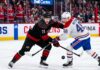 How to Watch Carolina Hurricanes vs Montreal Canadiens Game 3 (TV & Stream) NHL hockey game faceoff at Bell Centre: Carolina Hurricanes forward Taylor Hall #71 and Montreal Canadiens defenseman Lane Hutson #48 prepare for puck drop during the NHL playoffs.