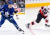 Split screen graphic for an NHL trade analysis, comparing Toronto Maple Leafs forward Matthew Knies in his #23 jersey on the left to Ottawa Senators defensive prospect Carter Yakemchuk in his #58 jersey, taking a slapshot on the right. Both players are shown with their team logos and role descriptions for a rumored blockbuster Battle of Ontario deal.