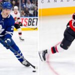 Split screen graphic for an NHL trade analysis, comparing Toronto Maple Leafs forward Matthew Knies in his #23 jersey on the left to Ottawa Senators defensive prospect Carter Yakemchuk in his #58 jersey, taking a slapshot on the right. Both players are shown with their team logos and role descriptions for a rumored blockbuster Battle of Ontario deal.