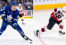 Split screen graphic for an NHL trade analysis, comparing Toronto Maple Leafs forward Matthew Knies in his #23 jersey on the left to Ottawa Senators defensive prospect Carter Yakemchuk in his #58 jersey, taking a slapshot on the right. Both players are shown with their team logos and role descriptions for a rumored blockbuster Battle of Ontario deal.