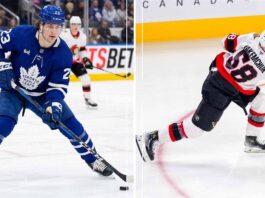 Split screen graphic for an NHL trade analysis, comparing Toronto Maple Leafs forward Matthew Knies in his #23 jersey on the left to Ottawa Senators defensive prospect Carter Yakemchuk in his #58 jersey, taking a slapshot on the right. Both players are shown with their team logos and role descriptions for a rumored blockbuster Battle of Ontario deal.