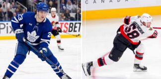 Ottawa Senators Trade Rumors: Carter Yakemchuk for Matthew Knies? Split screen graphic for an NHL trade analysis, comparing Toronto Maple Leafs forward Matthew Knies in his #23 jersey on the left to Ottawa Senators defensive prospect Carter Yakemchuk in his #58 jersey, taking a slapshot on the right. Both players are shown with their team logos and role descriptions for a rumored blockbuster Battle of Ontario deal.