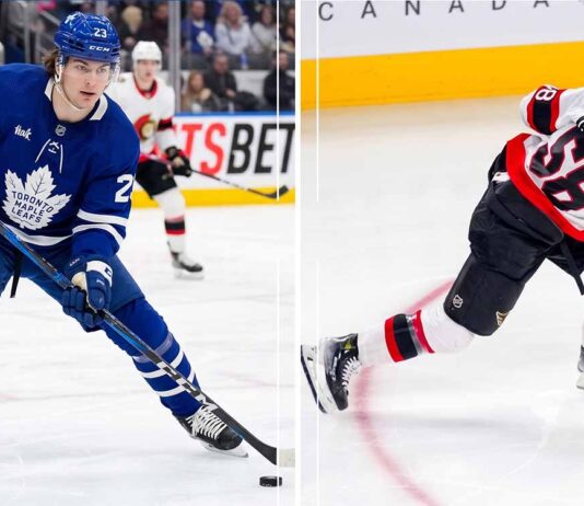 Split screen graphic for an NHL trade analysis, comparing Toronto Maple Leafs forward Matthew Knies in his #23 jersey on the left to Ottawa Senators defensive prospect Carter Yakemchuk in his #58 jersey, taking a slapshot on the right. Both players are shown with their team logos and role descriptions for a rumored blockbuster Battle of Ontario deal.