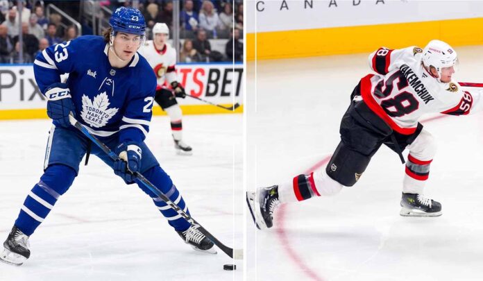 Split screen graphic for an NHL trade analysis, comparing Toronto Maple Leafs forward Matthew Knies in his #23 jersey on the left to Ottawa Senators defensive prospect Carter Yakemchuk in his #58 jersey, taking a slapshot on the right. Both players are shown with their team logos and role descriptions for a rumored blockbuster Battle of Ontario deal.