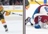 Colorado Avalanche vs Vegas Golden Knights Game 4 TV Channel & Stream A split-panel image showing Mitch Marner taking a powerful slap shot (left) contrasting with Colorado Avalanche star Nathan MacKinnon (#29) down on the ice in pain (right) during their NHL playoff series.