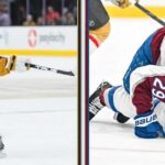 Colorado Avalanche vs Vegas Golden Knights Game 4 TV Channel & Stream A split-panel image showing Mitch Marner taking a powerful slap shot (left) contrasting with Colorado Avalanche star Nathan MacKinnon (#29) down on the ice in pain (right) during their NHL playoff series.