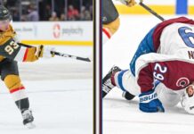 Colorado Avalanche vs Vegas Golden Knights Game 4 TV Channel & Stream A split-panel image showing Mitch Marner taking a powerful slap shot (left) contrasting with Colorado Avalanche star Nathan MacKinnon (#29) down on the ice in pain (right) during their NHL playoff series.