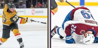A split-panel image showing Mitch Marner taking a powerful slap shot (left) contrasting with Colorado Avalanche star Nathan MacKinnon (#29) down on the ice in pain (right) during their NHL playoff series.