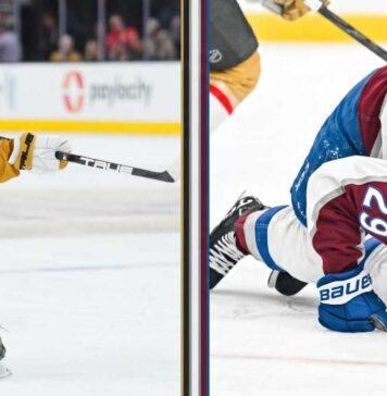 Colorado Avalanche vs Vegas Golden Knights Game 4 TV Channel & Stream A split-panel image showing Mitch Marner taking a powerful slap shot (left) contrasting with Colorado Avalanche star Nathan MacKinnon (#29) down on the ice in pain (right) during their NHL playoff series.