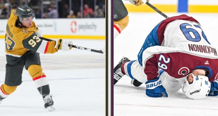 colorado-avalanche-vegas-golden-knights-game-4-tv-channel A split-panel image showing Mitch Marner taking a powerful slap shot (left) contrasting with Colorado Avalanche star Nathan MacKinnon (#29) down on the ice in pain (right) during their NHL playoff series.