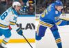 A horizontally split photograph showcasing two St. Louis Blues players linked to Winnipeg Jets trade rumors: on the left, forward Robert Thomas skates in a white jersey (number 18); on the right, defenseman Colton Parayko takes a slapshot in a blue jersey (number 55).