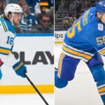 Winnipeg Jets Trade Rumors: Trading the 2026 8th Pick for Parayko? A horizontally split photograph showcasing two St. Louis Blues players linked to Winnipeg Jets trade rumors: on the left, forward Robert Thomas skates in a white jersey (number 18); on the right, defenseman Colton Parayko takes a slapshot in a blue jersey (number 55).