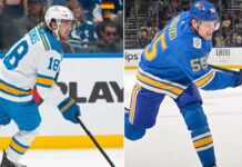 A horizontally split photograph showcasing two St. Louis Blues players linked to Winnipeg Jets trade rumors: on the left, forward Robert Thomas skates in a white jersey (number 18); on the right, defenseman Colton Parayko takes a slapshot in a blue jersey (number 55).