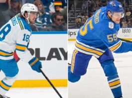 A horizontally split photograph showcasing two St. Louis Blues players linked to Winnipeg Jets trade rumors: on the left, forward Robert Thomas skates in a white jersey (number 18); on the right, defenseman Colton Parayko takes a slapshot in a blue jersey (number 55).