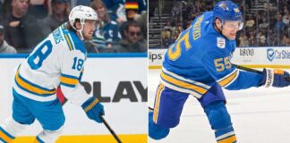 A horizontally split photograph showcasing two St. Louis Blues players linked to Winnipeg Jets trade rumors: on the left, forward Robert Thomas skates in a white jersey (number 18); on the right, defenseman Colton Parayko takes a slapshot in a blue jersey (number 55).