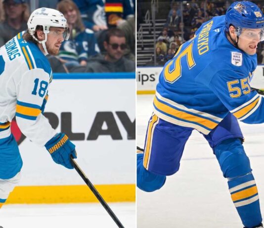 Winnipeg Jets Trade Rumors: Trading the 2026 8th Pick for Parayko? A horizontally split photograph showcasing two St. Louis Blues players linked to Winnipeg Jets trade rumors: on the left, forward Robert Thomas skates in a white jersey (number 18); on the right, defenseman Colton Parayko takes a slapshot in a blue jersey (number 55).