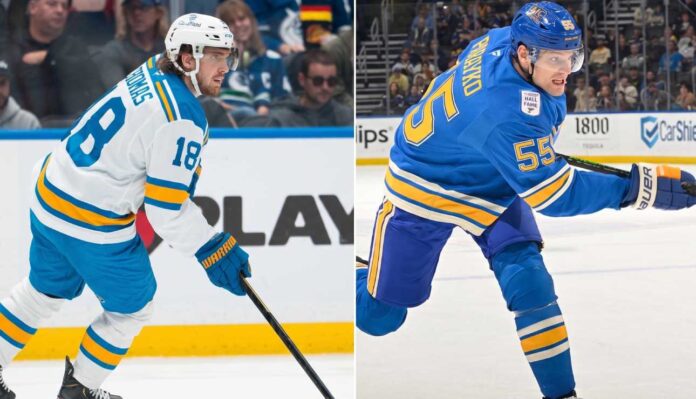 A horizontally split photograph showcasing two St. Louis Blues players linked to Winnipeg Jets trade rumors: on the left, forward Robert Thomas skates in a white jersey (number 18); on the right, defenseman Colton Parayko takes a slapshot in a blue jersey (number 55).