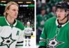 A split screen photograph featuring Dallas Stars forwards Roope Hintz (left, wearing white jersey #24) and Jason Robertson (right, wearing green jersey #21), who are the focus of recent NHL trade rumors due to the team's salary cap situation.