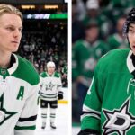 A split screen photograph featuring Dallas Stars forwards Roope Hintz (left, wearing white jersey #24) and Jason Robertson (right, wearing green jersey #21), who are the focus of recent NHL trade rumors due to the team's salary cap situation.