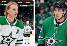 A split screen photograph featuring Dallas Stars forwards Roope Hintz (left, wearing white jersey #24) and Jason Robertson (right, wearing green jersey #21), who are the focus of recent NHL trade rumors due to the team's salary cap situation.
