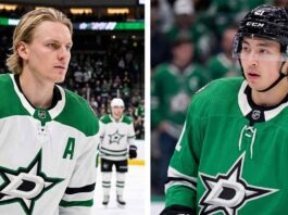 A split screen photograph featuring Dallas Stars forwards Roope Hintz (left, wearing white jersey #24) and Jason Robertson (right, wearing green jersey #21), who are the focus of recent NHL trade rumors due to the team's salary cap situation.