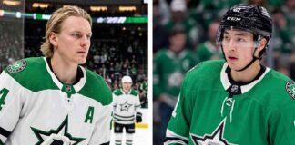 A split screen photograph featuring Dallas Stars forwards Roope Hintz (left, wearing white jersey #24) and Jason Robertson (right, wearing green jersey #21), who are the focus of recent NHL trade rumors due to the team's salary cap situation.